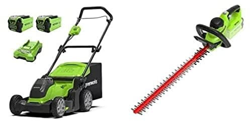 Greenworks 40V Cordless Lawn Mower 41cm (16) with 2x 2Ah batteries and charger - 2504707UC & Greenworks 40V Cordless Brushed Hedge Trimmer - Battery and charger not included - 2200907