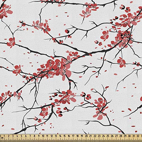 ABAKUHAUS Blume Stoff als Meterware, Japanische Kirschblüten, Qualitäts Stoff Dekorativer Polster Heimtextilienstoff, 2M (148x200cm), Korallen Schwarz