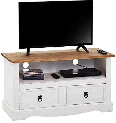 IDIMEX Meuble TV Campo Banc télévision en pin Massif Blanc et Brun avec 2 tiroirs et 1 Niche, Meuble de Rangement Style Mexicain en Bois dim 99 x 54 x 44 cm