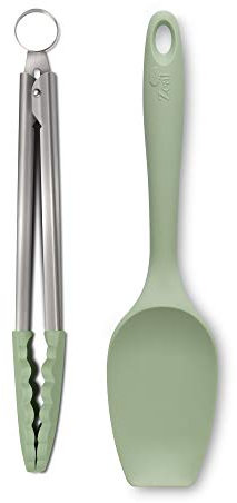 Zeal JSET11G Non-Stick Silicone Large Spatula Spoon & Cooking Tongs 2-Piece Set-Sage Green