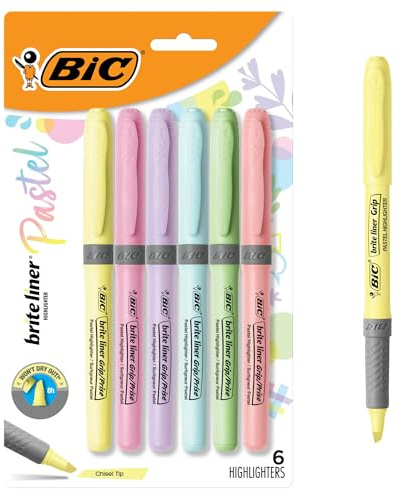 BIC Brite Liner Grip Pastel Highlighter Set, Chisel Tip, 6-Count Pack of Pastel Highlighters in Assorted Colors, Cute Highlighters for Bullet Journaling, Note Taking and More