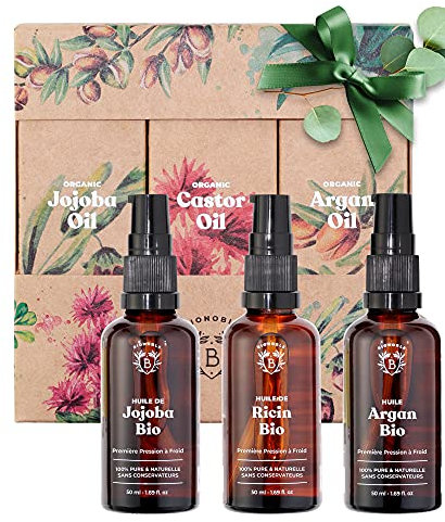 Bionoble Coffret Beauté Femme 3x50ml - Huile de Ricin, Huile d'Argan et Huile de Jojoba Bio - Soins pour le visage, le corps et les cheveux - Coffret Cadeau Femme