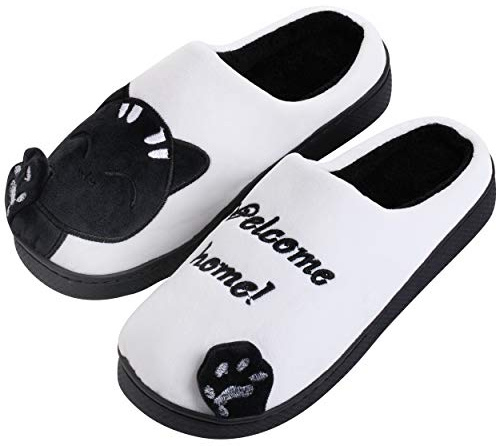 Katara Katzen Plüsch-Hausschuhe *große Auswahl* Tier-Schlappen für Damen und Herren, EU Größe 39/40, Etikett CN 42/43, Schwarz Weiß