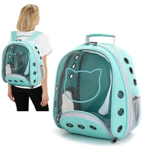 PETCUTE Zaino a Capsula Spaziale per Animali Domestici, Trasparente Zaino per Gatti e Cani con Cinturino di Sicurezza Interno,Tappetino Rimovibile,per Viaggi, Escursioni,Passeggiate,Ciano