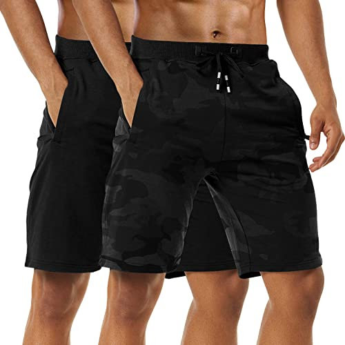 2er Pack Shorts Herren Kurze Hosen Baumwolle Sommer Sport Shorts Jogginghose Kurz Männer Sporthose Kurz Freizeithose Trainingshose Fitnesshose Laufshorts Mit Reißverschlusstasch Black/Camo Black-M