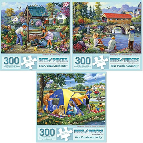 Bits and Pieces Set of 3 Jigsaw Puzzles 300 Pieces - Summer in the Village | 18 x 24 - Set of 3 Jigsaw Puzzles - Camping Rustic Landscape Puzzles - Recycled Cardboard - Bright Colors - No False Fits