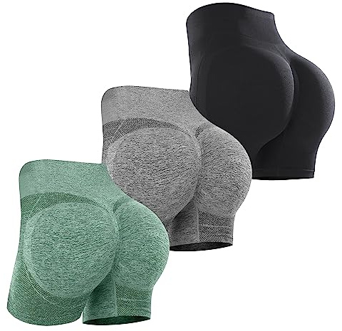 sicoozoe 3-teilige Damen-Shorts, hohe Taille, Bauchkontrolle, Yoga-Shorts, nahtlos, gerüscht, Workout-Shorts, 3er-Pack (schwarz + grau + grün), Klein