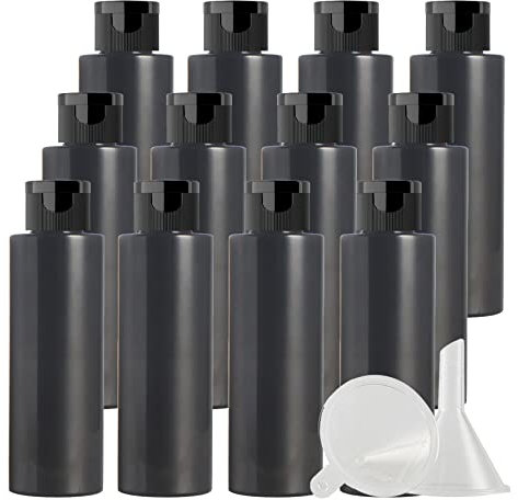 ZEOABSY 12 Pezzi 100 ml Nero Bottiglie di plastica PET con Tappo Flip Top Nero, Spalla Piatta Vuoto Contenitori per Cosmetico, Bottiglie da Viaggio per Lozioni, Liquido, Olio