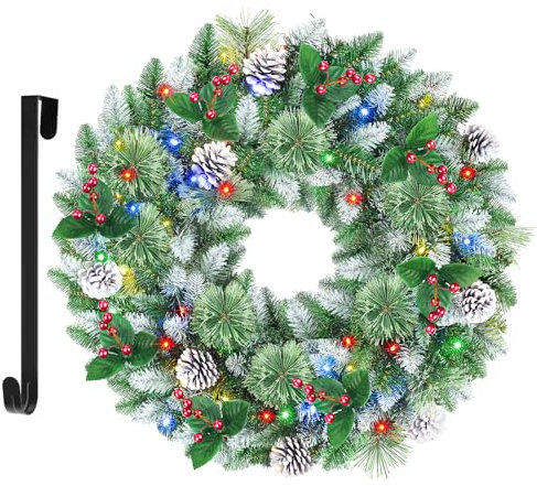 SHareconn 60 cm/24 Inch Xmax Christmas Wreaths for Front Door, Large Artificial Christmas Wreath with 15 Hanger, Mul-Color Lights, Pine Cones and Red Berries for Door/Wall/Windows,Multicolor