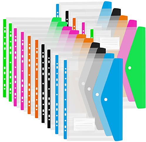 15 Pack A4 Punch Pocket Clear Strong Document Wallets,Punched Pocket Folders Dividers File Popper Poly Plastic Wallet,5 Color Punch Pockets Extra Capacity