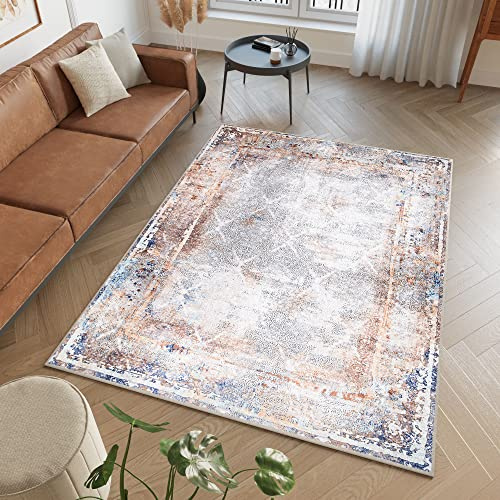 TAPISO Victoria Teppich Kurzflor rutschfest Waschbar Blau Kupfer Vintage Verwischt Meliert Modern Design Wohnzimmer Schlafzimmer ÖKOTEX 160 x 230 cm