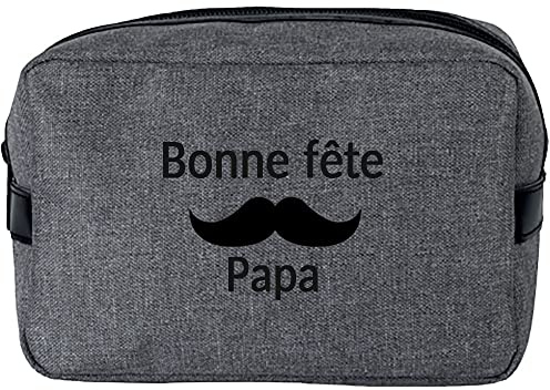 Trousse de Toilette Homme brodée et personnalisée, 2 Coloris au Choix, 14x20x9cm, Cadeau Papa, Cadeau garçon, Anniversaire, fête des pères (Gris Clair Moustache)
