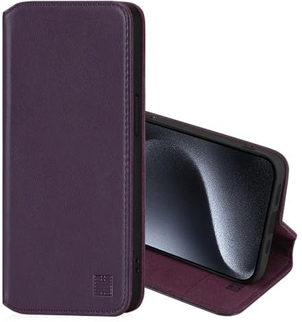 32nd Classic Series 2.0 - Real Leather Book Wallet Flip Case Cover For Apple iPhone 15 Pro Max (6.7), With RFID Blocking Card Slot, Magnetic Closure and Built In Stand - Aubergine