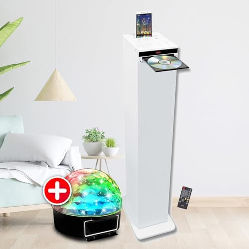 Tour de Son HiFi Blanche avec Lecteur CD, Bluetooth, Radio FM USB, 60W, Téléco, Jeu de lumière Boule LED, Colonne Chambre Salon