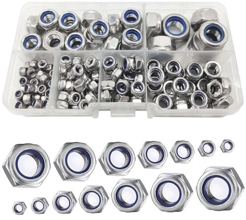 150 Dadi Autobloccanti M12/M10/M8/M6/M5/M4/M3, Dadi Bloccaggio in Acciaio Inox, Dadi esagonali con Parte di Bloccaggio in plastica nylon (Argento)