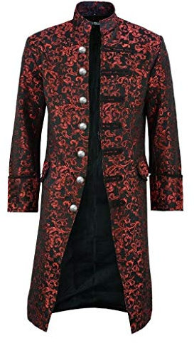 Herren Mittelalter Renaissance Retro Uniform Einfarbig Steampunk Gehrock Gothic Mode Stehkragen Mantel B-Red 5XL
