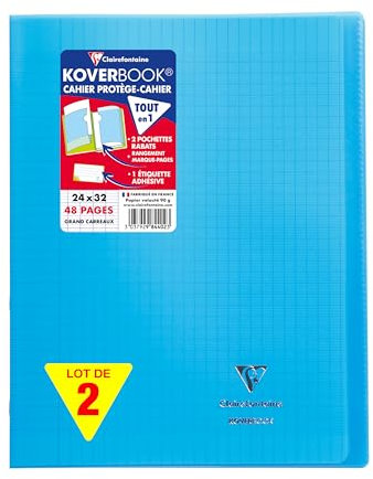 Clairefontaine 984402AMZC Un lot de 2 Cahiers Agrafés Koverbook 24x32 cm - 48 Pages Grands Carreaux 90 g - Couverture Polypro - Couleur : Bleu