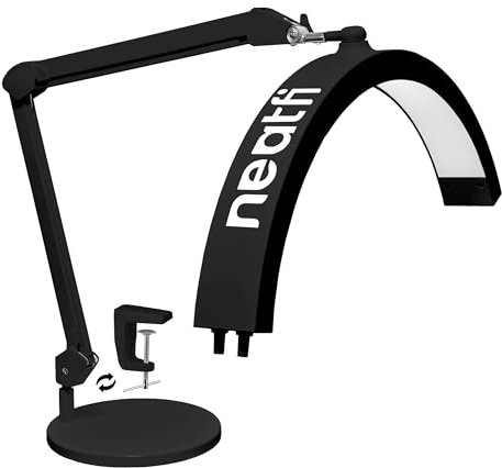 Neatfi Halbmond-Schwenkarm-Tischlampe, LED-Beleuchtung für Kosmetikerinnen, 2500 Lumen, 5 Lichtmodi, Ideal für Nail Art, Gesichtsbehandlungen, Faden- und Tattoos (CCT mit Sockel und Klemme, Schwarz)