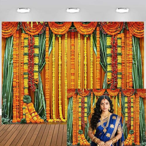 7 x 5ft India Pooja Happy Diwali Photography Backdrop Puja Ganpati Pooja Traditional Mehndi Festival Background Wedding Flower Garland Yellow Green Tulle Curtain Anniversary Backdrops