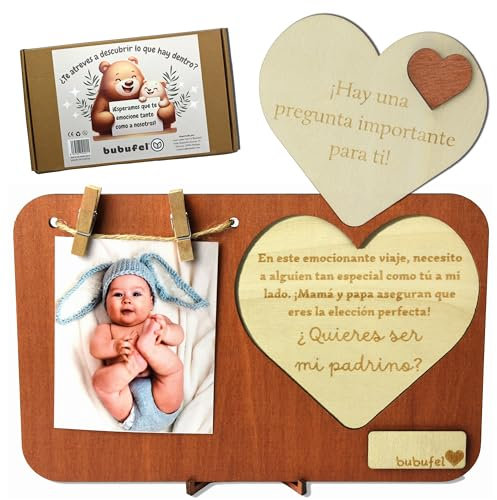 Bubufel® ¿Quieres Ser Mi Padrino? | Padrinos bautizo propuesta | Regalo Original de Padrino | Marco de Fotos 24 x 15 cm con Mensaje Sorpresa | Espacio para Nota Personalizada