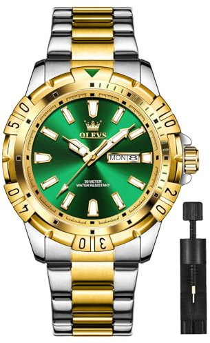 OLEVS Grün Silber Herren Uhr Metallarmband Schöne Großes Zifferblatt Herrenuhren Analog Kleid Edelstahl Herren Armbanduhr Lässig mit Datum Leuchtend Wasserdicht Moderne Luxus Männeruhr Geschenke