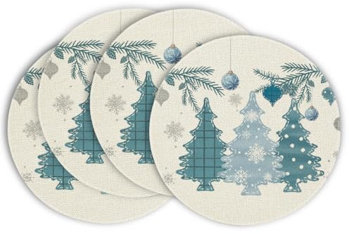 Artoid Mode Blau Kiefer Bäume Weihnachten Runde Platzsets 4er Set, 37cm Winter Xmas Tischset Platzdeckchen Küche Party Deko