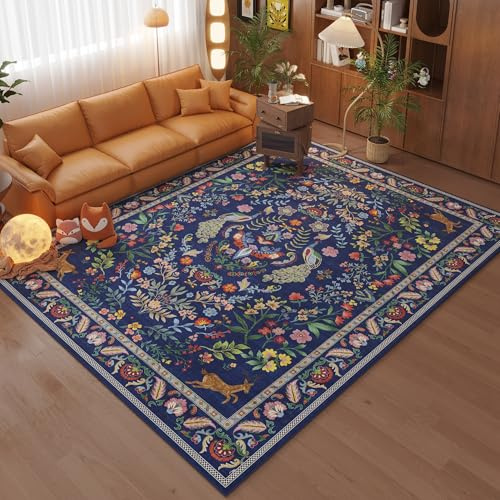 Rugcomf Wohnzimmerteppich, 12,7 x 17,8 cm, maschinenwaschbar, floral, rutschfest, niedriger Flor, große Teppiche für Wohnzimmer, Schlafzimmer, Bauernhaus, Esszimmer, Kinderspielzimmer (blau)