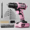 Juego de brocas inalámbricas rosa, taladro eléctrico de 20 V para mujer, destornillador eléctrico ligero con batería y cargador, portabrocas sin llave de 3/8 pulgadas, kit de herramientas para mujer