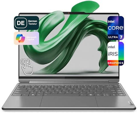 Lenovo Yoga 9i 2-in-1 Laptop, Intel Core Ultra 7-155H, 16 GB DDR5 RAM, 512 GB PCIe SSD, 14 WQUXGA OLED Touch Display, Intel Iris Xe Graphics, QWERTZ Backlit AI Ready Tastatur, Windows 11 Home, Grey