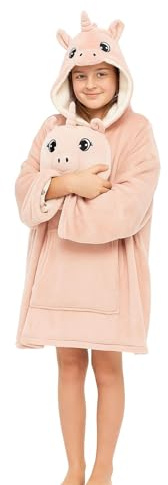 A2Z 4 Kids Oversized Snuggle Mädchen Tragbar Xmas Einhorn Gesicht Hoodie Super Soft Winter Warm Plüsch Einhorn Sweatshirt Hoodie Flauschiger Pullover Bademantel Decke mit süßer Einhorn-Tasche,