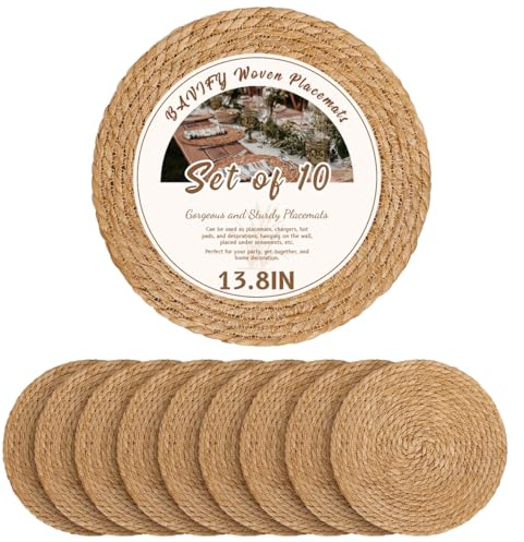 Juego de 10 manteles individuales redondos de 13.8 pulgadas, manteles individuales tejidos de mimbre de ratán para platos de cena, manteles individuales bohemios rústicos para decoración de mesa de