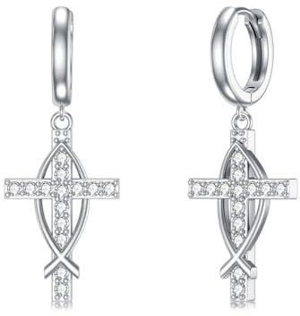 enjoylifecreative Kreuz Creolen Ohrringe für Frauen und Männer 925 Sterling Silber Jesus Fisch Kreuz Ohrringe Christliche Kreuz Schmuck Geschenk für Damen Herren