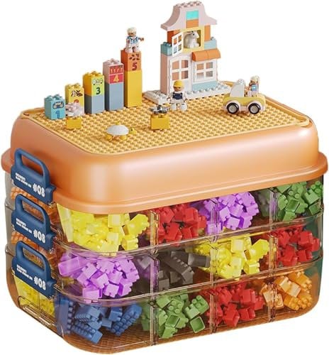 joonnair Aufbewahrungsbox mit Deckel für Lego, 3 Stufen Stapelboxen, Transparent Kunststoff Bausteine Boxen, Aufbewahrungsbox für Bausteine, Trennbare Aufbewahrung mit Fächern, Trennbare Sortierboxen