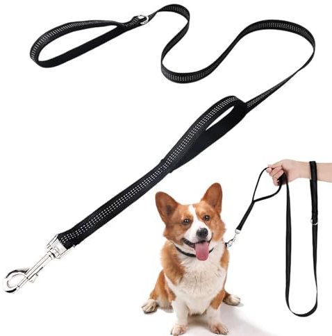 Kzouenzu Führleine 2m Länge [Doppelgriff], Doppelseitig Reflektierend, Verstellbare Hundeleine Große Hunde, Lange Hundeleine Für Training Und Outdoor [Schwarz]