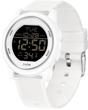 Herren Digital Sportuhr Wasserdicht Militär Uhren für Männer mit Stoppuhr LED Hintergrundbeleuchtung/Alarm/Countdown/Datum (Weiß)