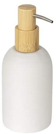WENKO Seifenspender Mod. Altavalle freistehender Seifenspender für Badzubehör aus Polyresin und Bambus 0,25 l 7,5 x 18 x 8 cm Weiß Natur