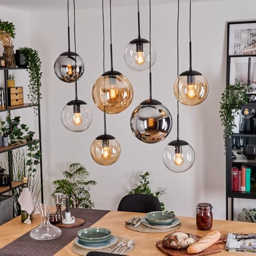 HOFSTEIN Hängeleuchte Gastor, 8-flammige Hängelampe aus Metall/Glas in Schwarz/Chrom/Rauch/Bernstein/Klar, Pendelleuchte im Retro/Vintage-Design (Schirme Ø 20; 25cm), E27, Esszimmer, Küche, Wohnzimmer