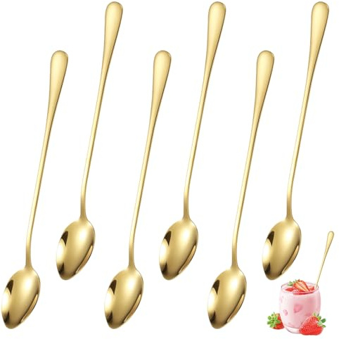 6 Pezzi Cucchiaio d'oro a Manico Lungo, 20 cm Cucchiaino da Caffè in Acciaio, Cucchiaini Lunghi, Cucchiai per Confettata, Lavabile in Lavastoviglie, per Caffè, Tè Freddo, Gelato, Frappè, Cocktail