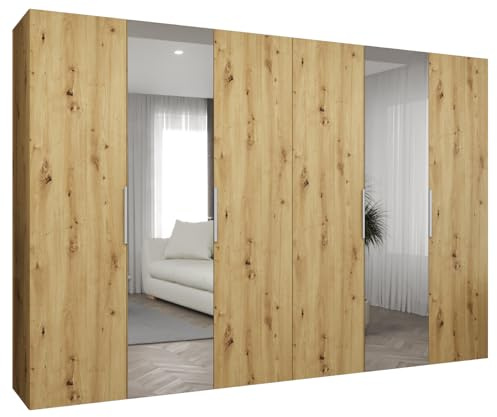MEBLE KRYSPOL - Kleiderschrank mit Spiegel - Drehtürenschrank - Schrank 300x202x52cm - Garderobenschrank Schlafzimmer, Flur, Jugendzimmer - Farbe Artisan Eiche, Griff Kaschmir - Marbella 2 300