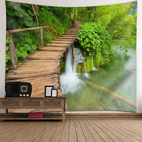 Wycian Wandteppich XXL Outdoor Wall Tapestry Landscape XL Grün Braun Holzbrücke See Wald Muster Mikrofaser 300X256cm (Breite x Höhe)