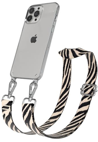 EAZY CASE Handykette - Verstellbares Taschenband kompatibel mit iPhone 13 Pro Max, Schulterriemen, Handykordel mit Silikon Hülle, Umhängetasche, Zebra - Schwarz Beige Silber