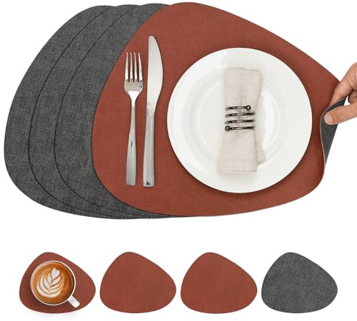 Chitomars Tischsets Leder und Untersetzer, Platzset Rund doppelseitig | Tischsets abwaschbar rutschfest Platzsets Lederoptik Platzdeckchen Teller Untersetzer (Grau Terrakotta, 4er Set)
