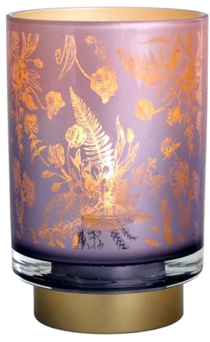Glass LED Table Lamp with Illuminated Purple Floral Design | Freestanding Battery Operated Cordless Light