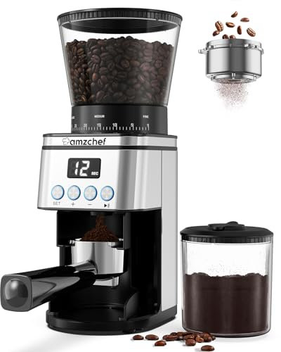AMZCHEF Molinillo Cafe Electrico 160W | 30 Ajustes de Molido Grueso a Fino | 1-12 Tazas o Hasta 40 Segundos | Molinillo Café de Fresas | Capacidad de 300 g | Pantalla LCD y Temporizador Digital