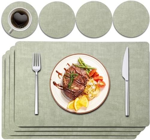 Purejoy PU Leather Placemats and Coasters Set of 4 – Heat-Resistant, Washable, Non-Slip Table Mats for Dining Table or Kitchen, 43x30cm (Light Green)