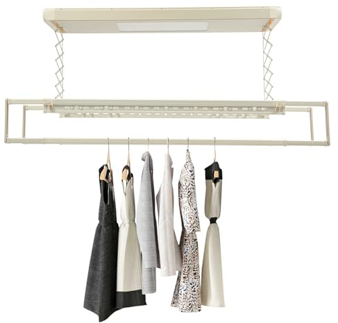 CHFUNE Séchoir à linge électrique, montage au plafond, extensible, jusqu'à 35 kg, hauteur réglable avec télécommande et éclairage LED, blanc
