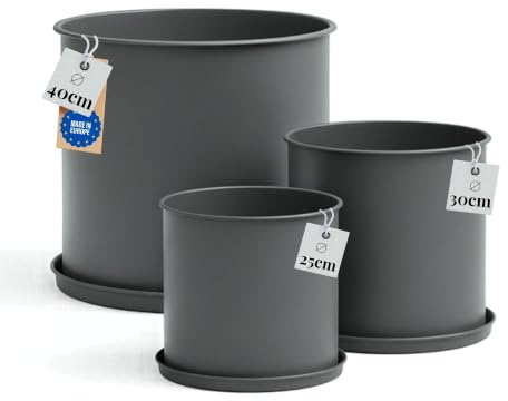 LIVLIG Blumentopf Set mit Untersetzer Anthrazit, Metall Pflanzkübel groß | Schöne Töpfe mit Untersetzer für außen & innen: Topf 25 cm, Übertopf 30 cm & 40 cm Durchmesser, Hochwertig, Made in Europa