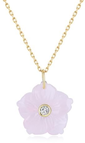 COAI Collana da Donna in Acciaio Inox Placcato Oro 18K con Ciondolo Fiore di Quarzo Rosa Pietra Naturale, Collana Quarzo Rosa da Donna