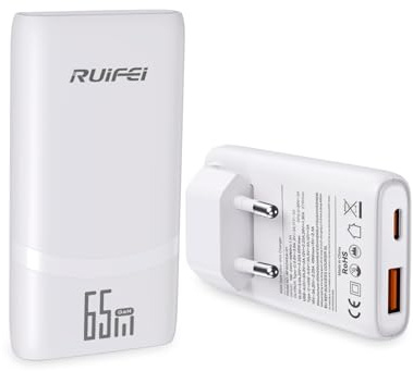 RUIFEI USB C Ladegerät 65W, 2-Ports Mehrfach GaN Netzteil Schnellladegerät | Ultraflach Ladestecker, Fast Charger kompatibel mit MacBook Pro/Air, Handy, iPad, iPhone, Samsung Galaxy