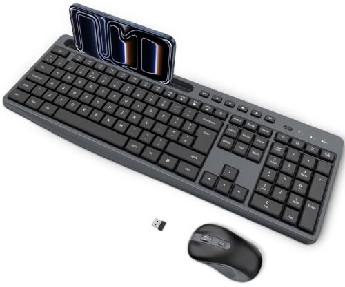OMOTON Wireless Keyboard and Mouse Combo 2.4GHz with Phone Holder, Black | Silent Keyboard, Full Size Quiet Set, Ergonomic Design, 3-Level DPI Quiet Click Mouse for Windows/PC/Laptop/Computer